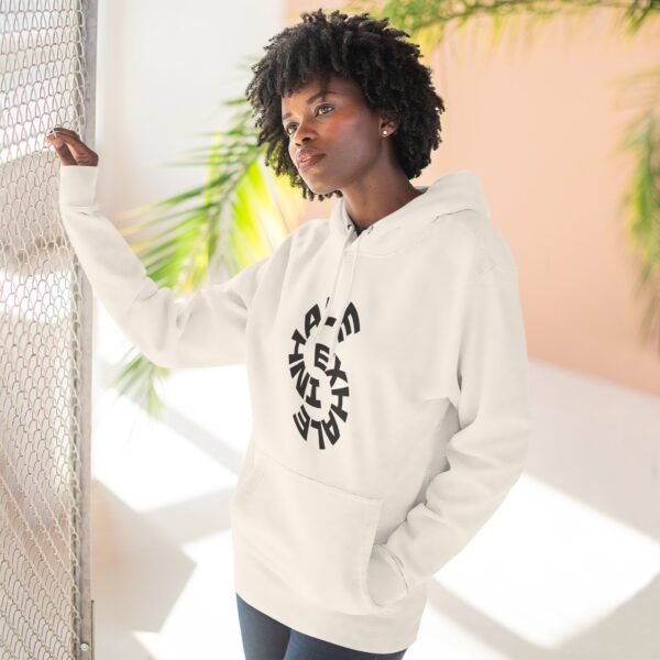 three panel fleece hoodie — "inhale & exhale, be energetic" motivational hoodie