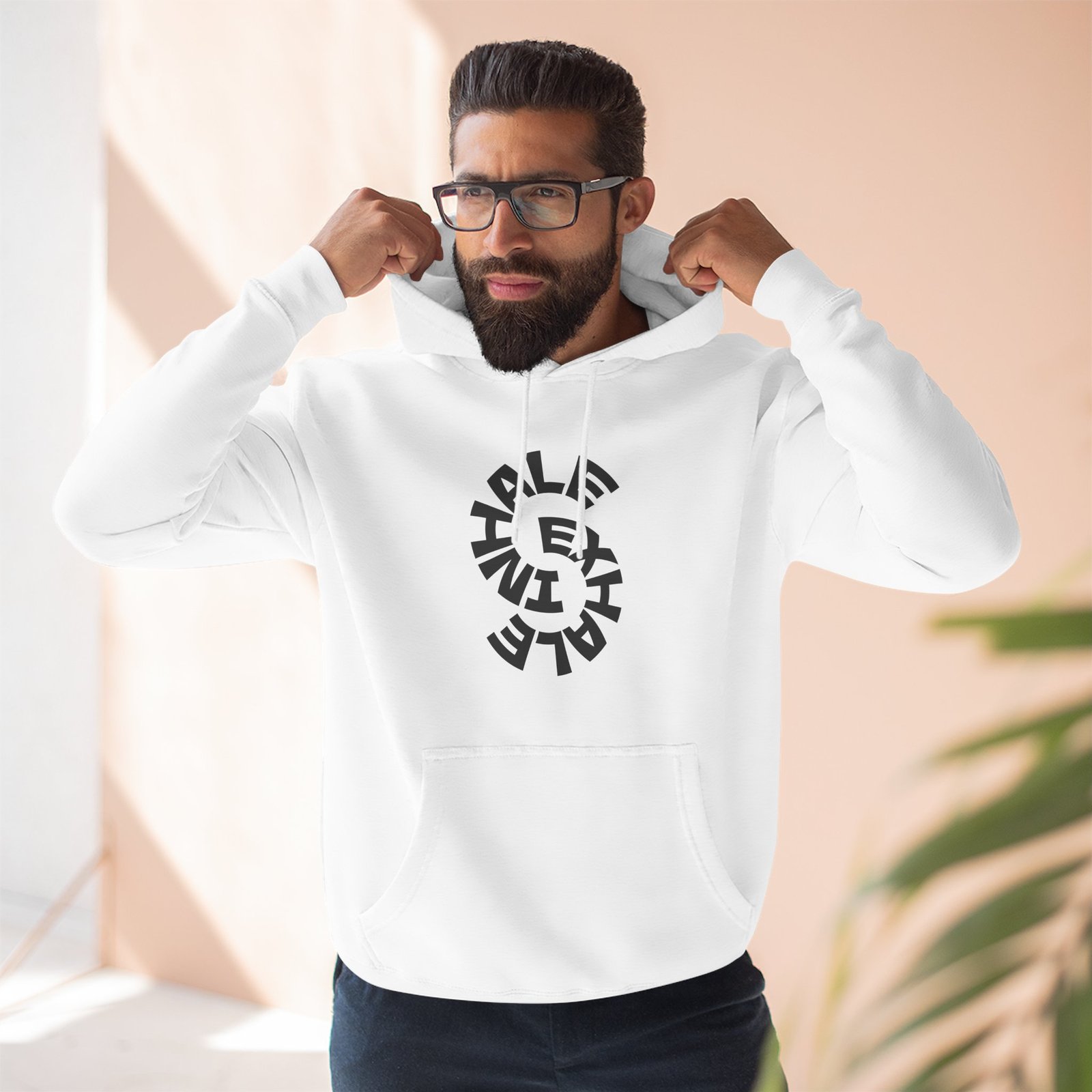 three panel fleece hoodie — "inhale & exhale, be energetic" motivational hoodie