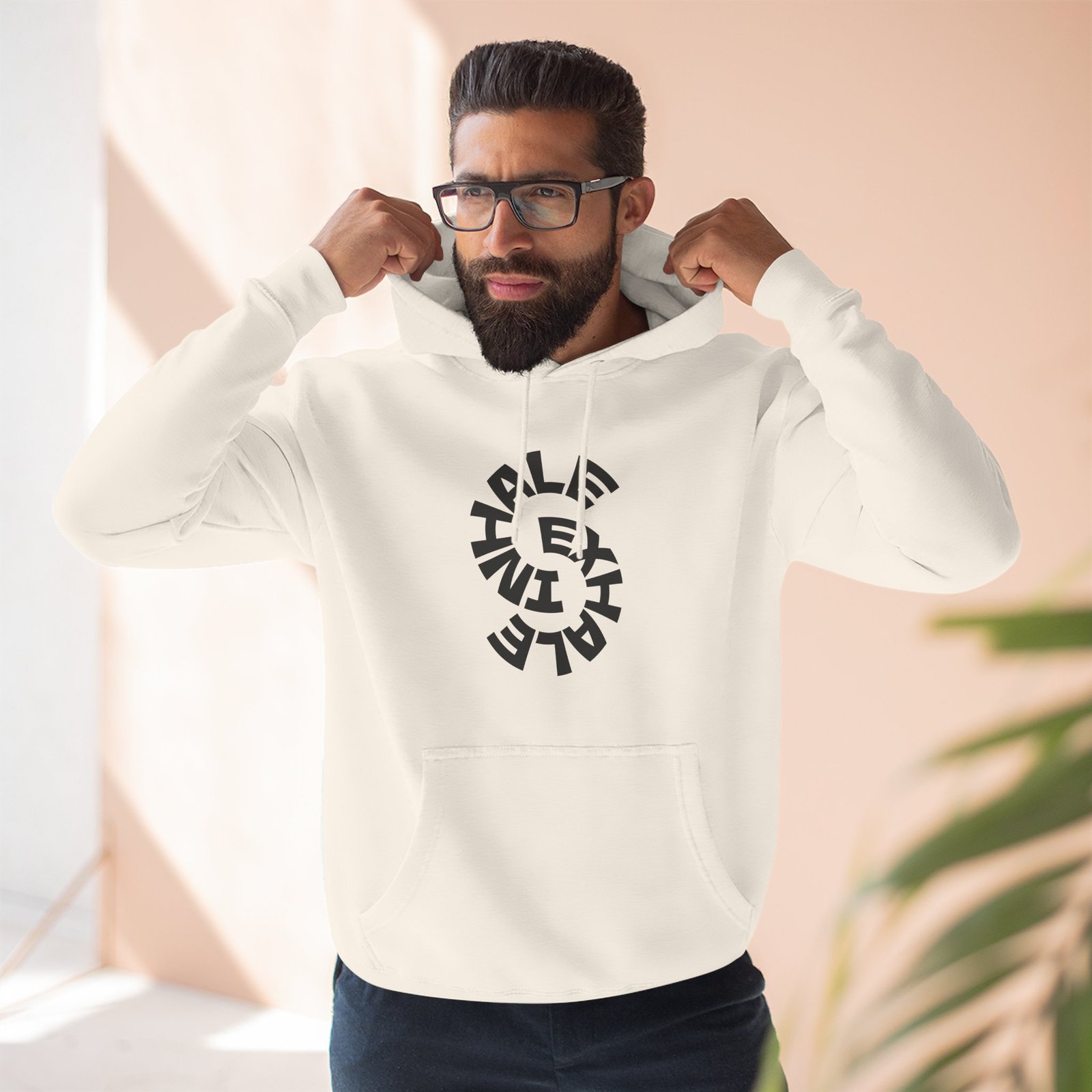 three panel fleece hoodie — "inhale & exhale, be energetic" motivational hoodie