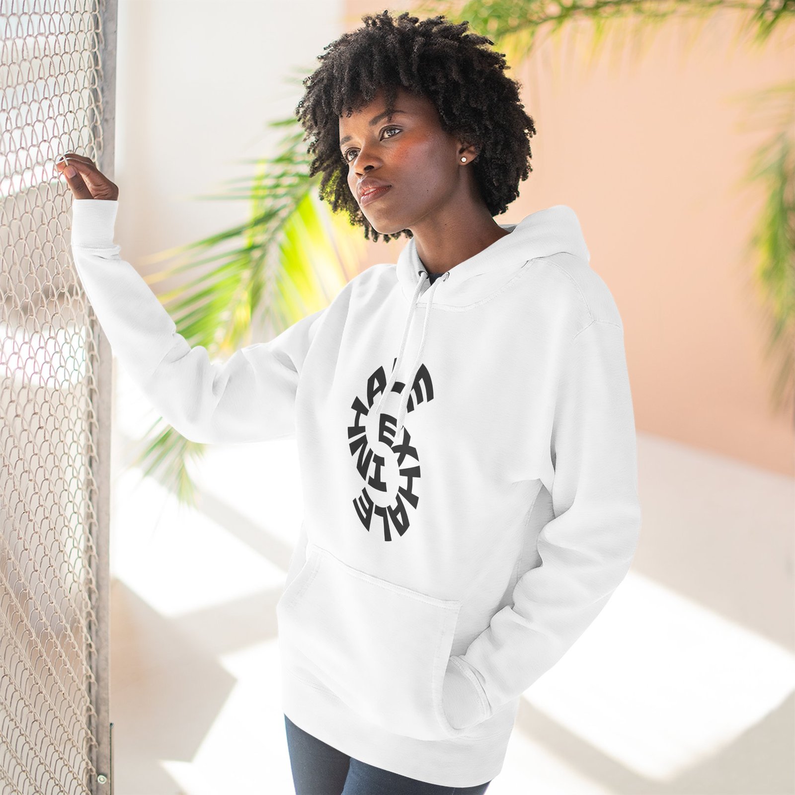 three panel fleece hoodie — "inhale & exhale, be energetic" motivational hoodie
